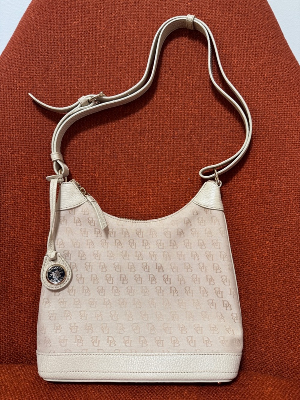 Vintage Dooney & Bourke DB Monogram Cream Canvas Leather Hobo Crossbody Y2K
